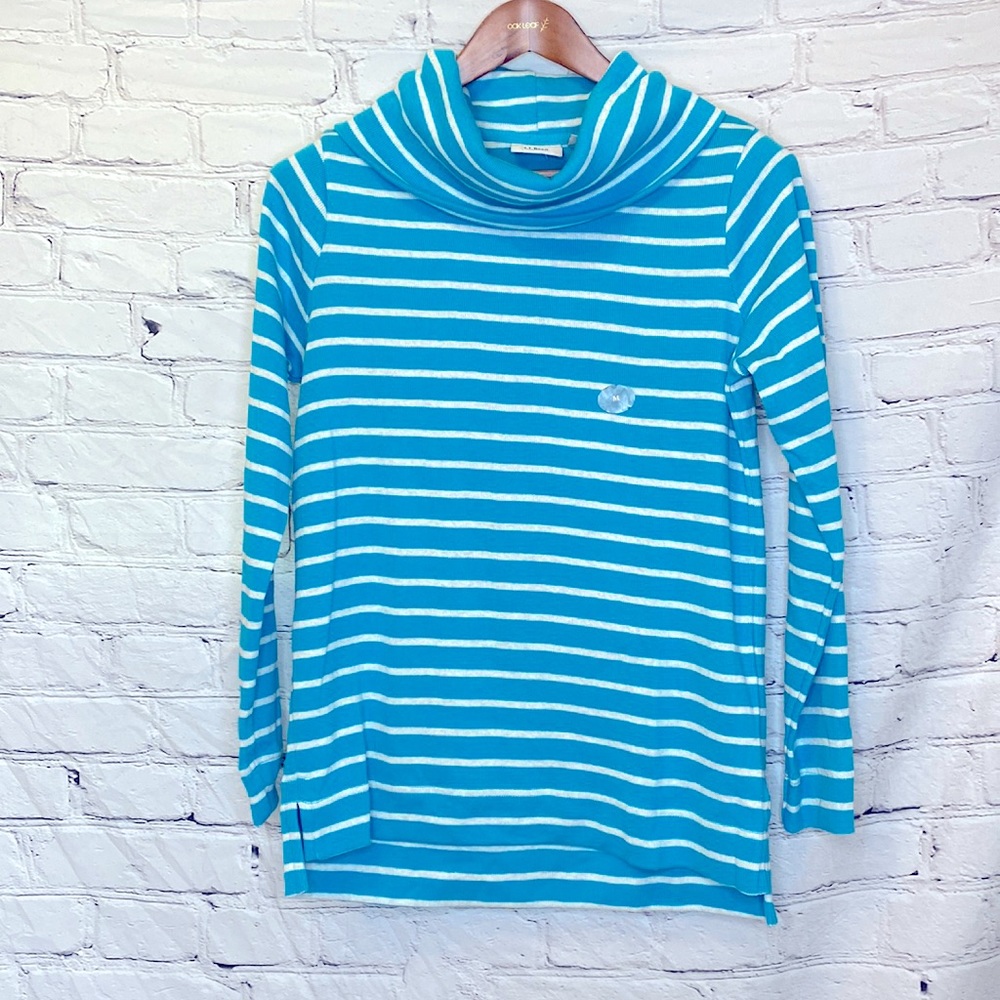 L.L. Bean Blue White Striped Cowl Turtleneck Top Size Medium Brand New W/Tags